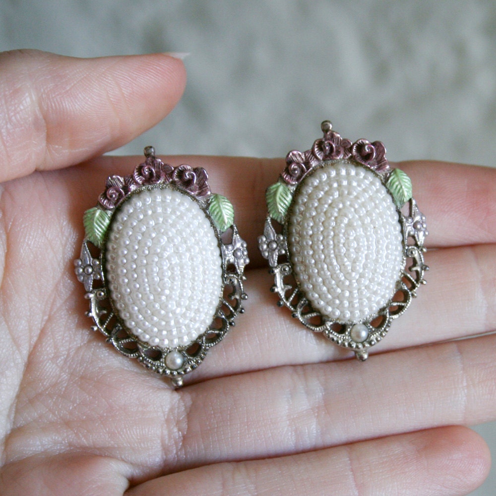 Rose Leaf And Pearl Silver Clip On Earrings