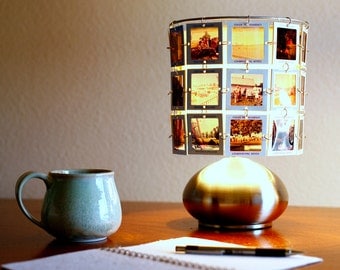 Lampshade made from vintage slides with modern brushed stainless 3 way touch lamp