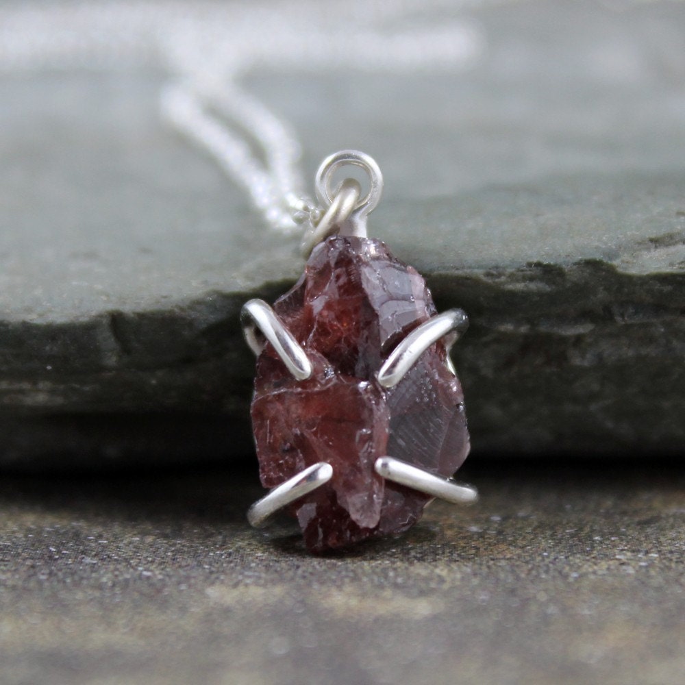 Garnet Sterling Silver Pendant - Raw Uncut Rough Garnet - Garnet Gemstone Pendant - Red Stone Pendant - January Birthstone