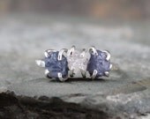 Three Stone Rough Diamonds and Rough Denim Blue Sapphire and Sterling Silver Ring  - Trio Engagement Ring - Anniversary Ring