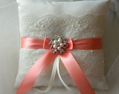 Wedding Ring Bearer Pillow Coral And Ivory Satin And Lace Ringbearer Pillow