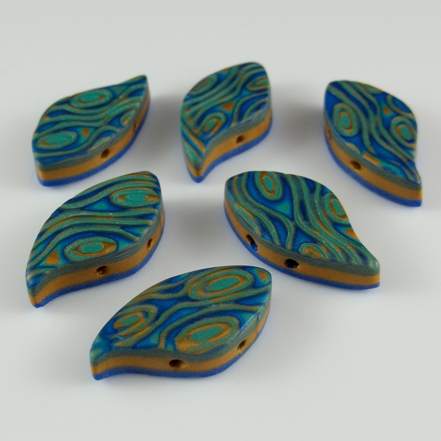 Two Hole Peacock Feather Inspired Beads in Teal and Gold for Bracelets