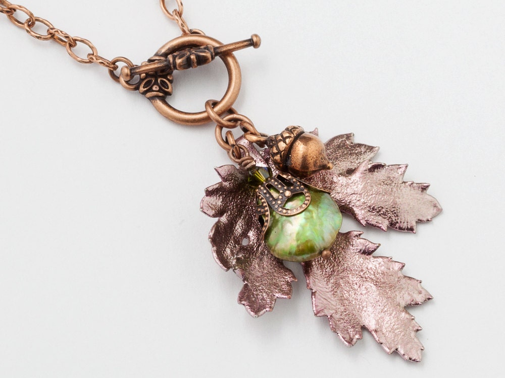 Handmade Jewelry Necklace copper REAL LEAF acorn charm genuine green pearl Swarovski crystal filigree pendant Statement Necklace Gift R816
