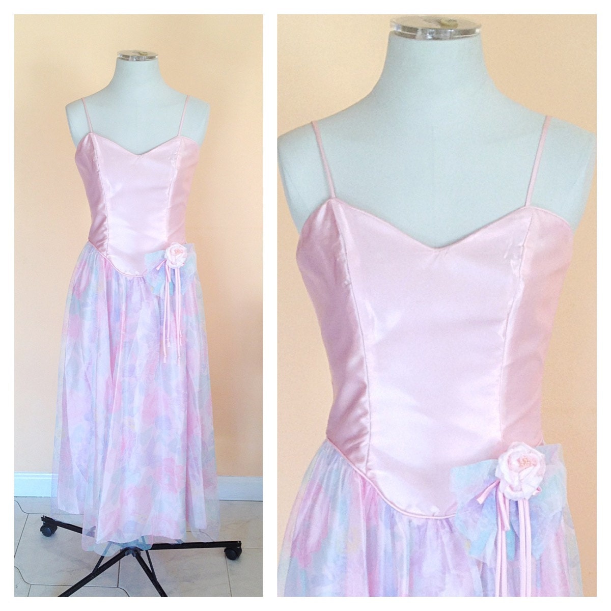 Vintage Pink Princess Dress. Gown. Floral. Bridesmaid. Prom. Formal. Wedding. Spring. Feminine. Romantic. Size Medium. Pastel. 1980s.