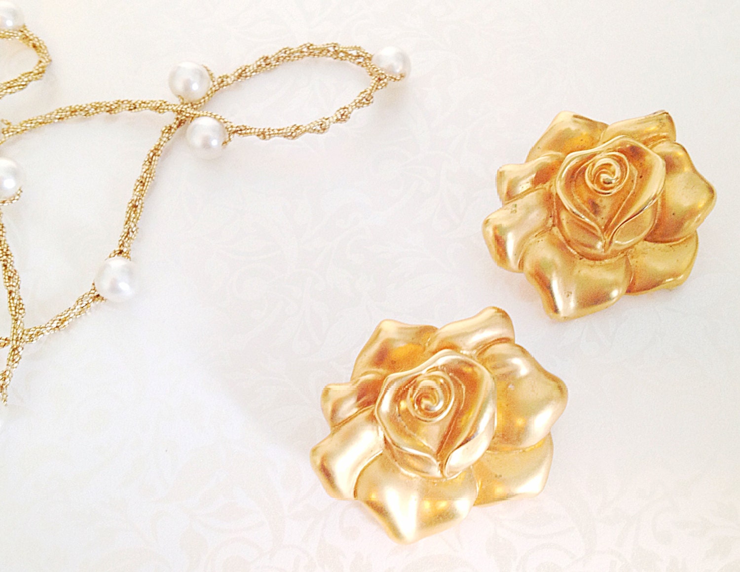 Vintage Large Gold Rose Earrings. Post Earrings. Woodland. Flower Jewelry. Metal Roses. Gold Tone. Statement Earrings. Avon Jewelry. 1980s