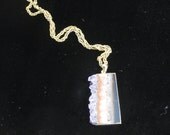 Vertical Amethyst Quartz Crystal Geode Banded Slice GOLD Frame Pendant with Chain Necklace