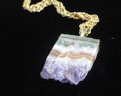 Amethyst Quartz Crystal Geode Banded Slice GOLD Frame Pendant with Chain Necklace