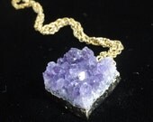 Amethyst Crystal Cluster Druzy Raw Geode GOLD Frame Pendant with Chain Necklace- Square