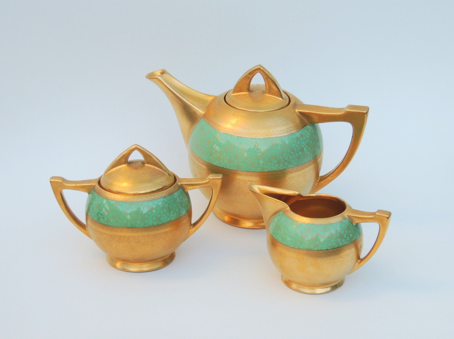 Pickard 1920s Art Deco Tea Set: 24k Gold Encrusted, Mint Green Enamel w/ Gold Pansy Collage Overlay on Hutschenreuther Selb LHS Porcelain