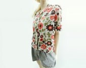 1950s Vintage Button Blouse Coral / 50s Summer Floral Shirt Size M