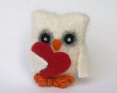 Sweet Love White Angora felt Owl with red heart Valentine ... eco wool felted owl (woolcrazy)