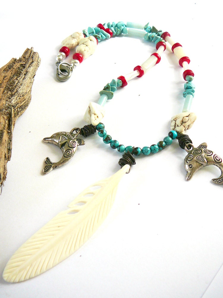 Ocean Angel - Dolphin and Feather - Necklace / Turquoise, Howlite, Jade, Amazonite and Mother of Pearl