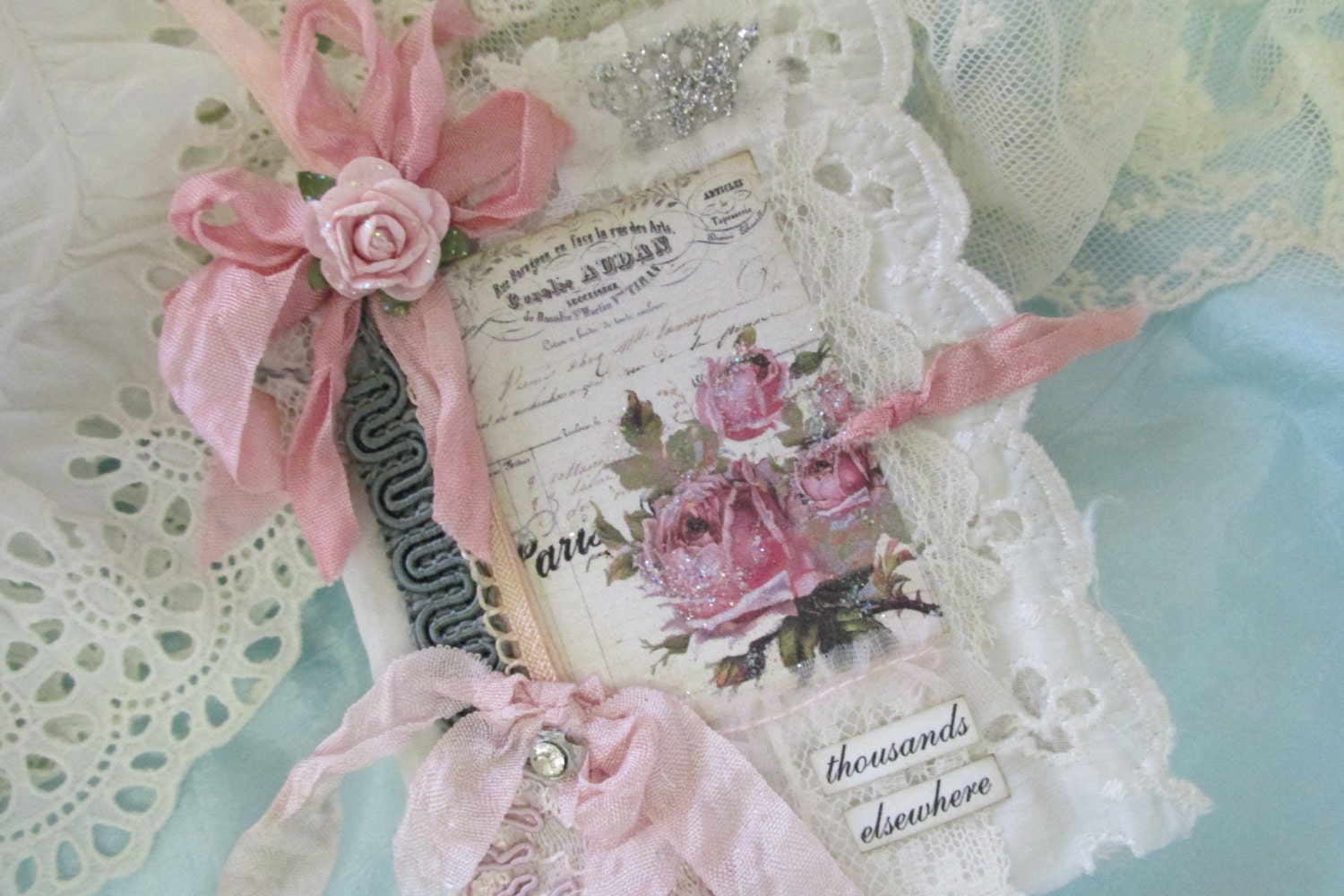 Vintage Crown Lace Journal With Shabby Roses And Hand Stamped French Text Mini Journal