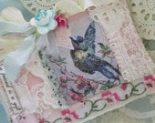 Vintage French Shabby Mini Journal With a Vintage Bird With Shabby Roses and Ribbons