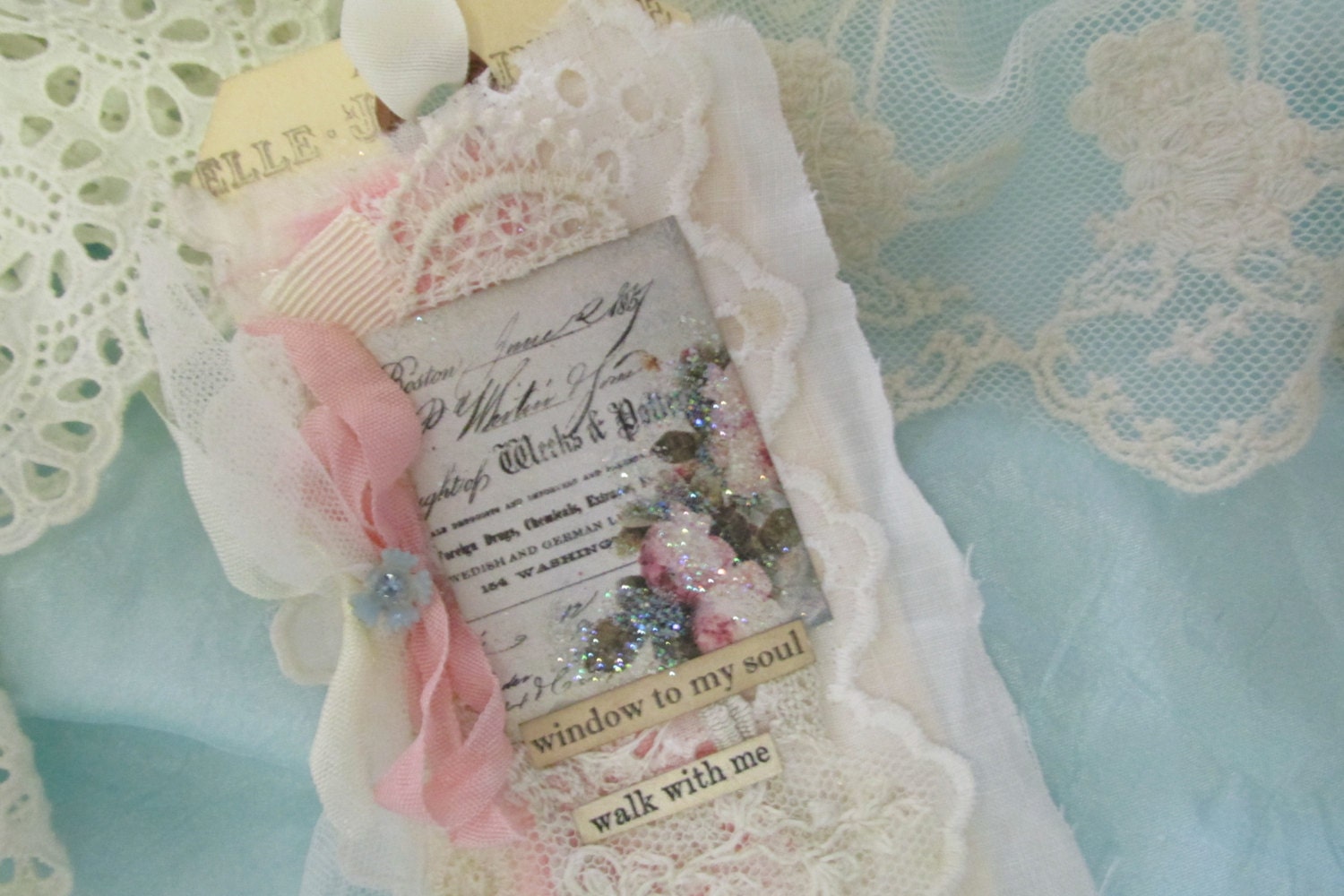 Shabby Rose Bridal Gift Tag with Vintage Bridal Lace