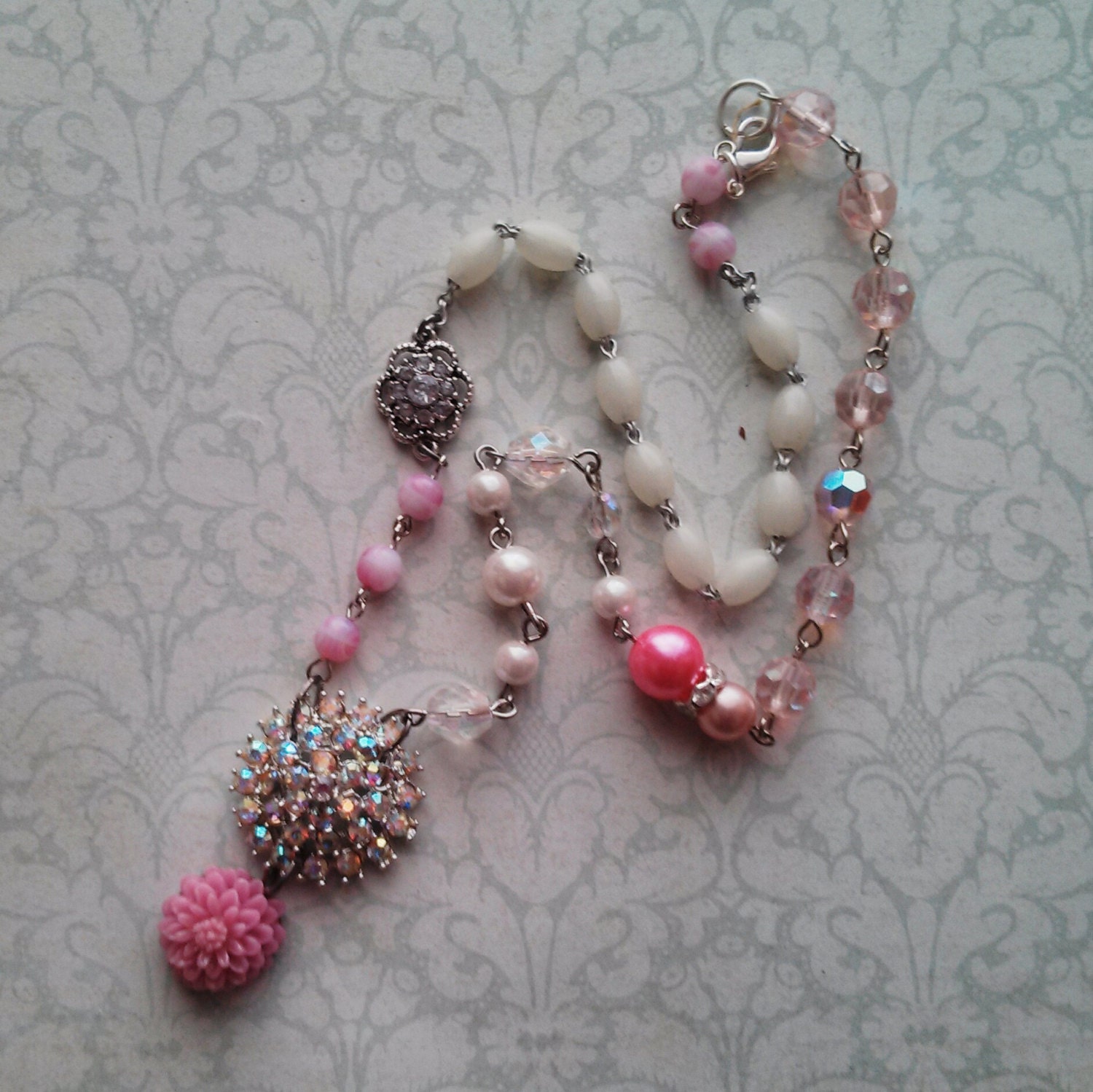 Vintage AB Rhinestone Spring Pink Necklace, Abloom, FREE SHIPPING by Maddie Lisee