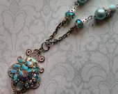 Vintage Costume Jewelry redux Necklace Aqua Blue rhinestones, Cloudless Sky, FREE SHIPPING by Maddie Lisee