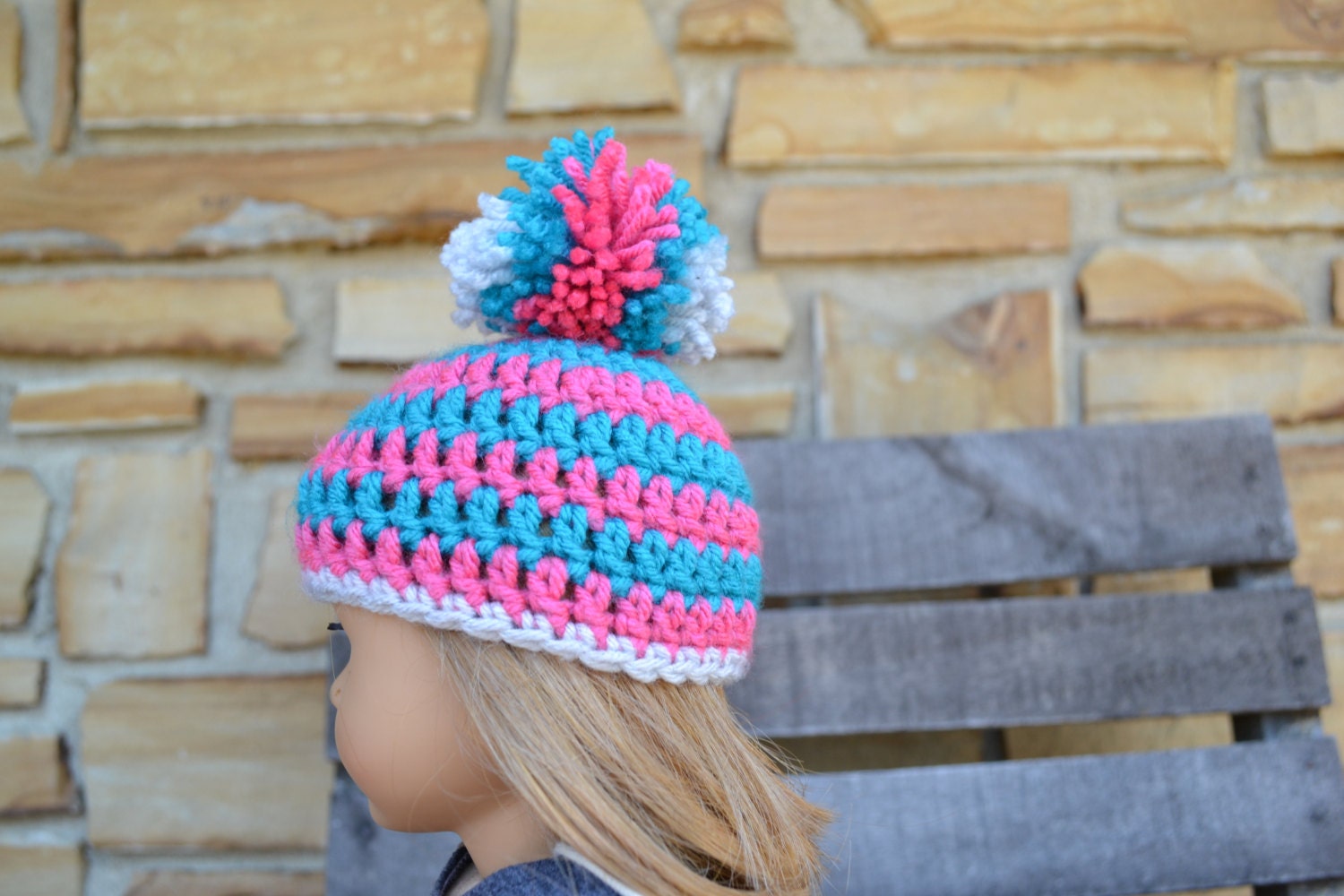 American Girl Doll Clothes - Crocheted Beanie with Pom Pom - Pink, Gray, and Turquoise