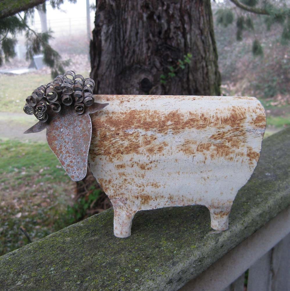 Folk art decor sheep 3D repurposed metal sculpture barn yard farm animal lamb goat kitchen