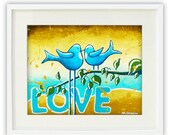 Love Birds Giclee Print, Whimsical Love Art, Romantic Art Wedding Gift, Yellow Blue 8x10 Signed