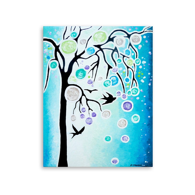 Bird Painting, Tree of Life Original Acrylic Painting on Canvas, Bird Silhouettes, Blue Black Purple Green 11x14