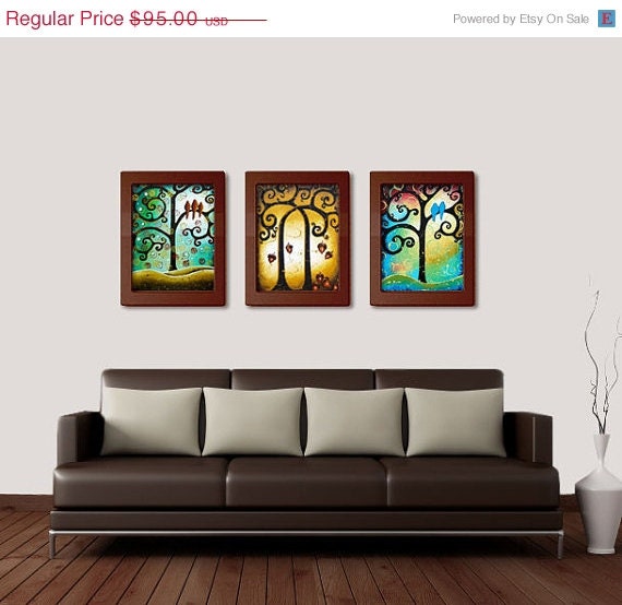 Tree of Life Giclee Art Prints - Folk Art Rustic Country Wall Art - Whimsical Tree Art Set of 3 11x14 Signed
