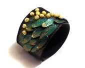Leather bracelet with pearls. Unique dragon scale leather cuff bracelet. Leather jewelry
