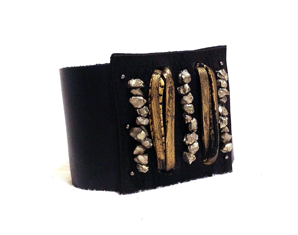 Stylish leather bracelet with pyrite beads. Statement jewelry. "Casual elegance" collection