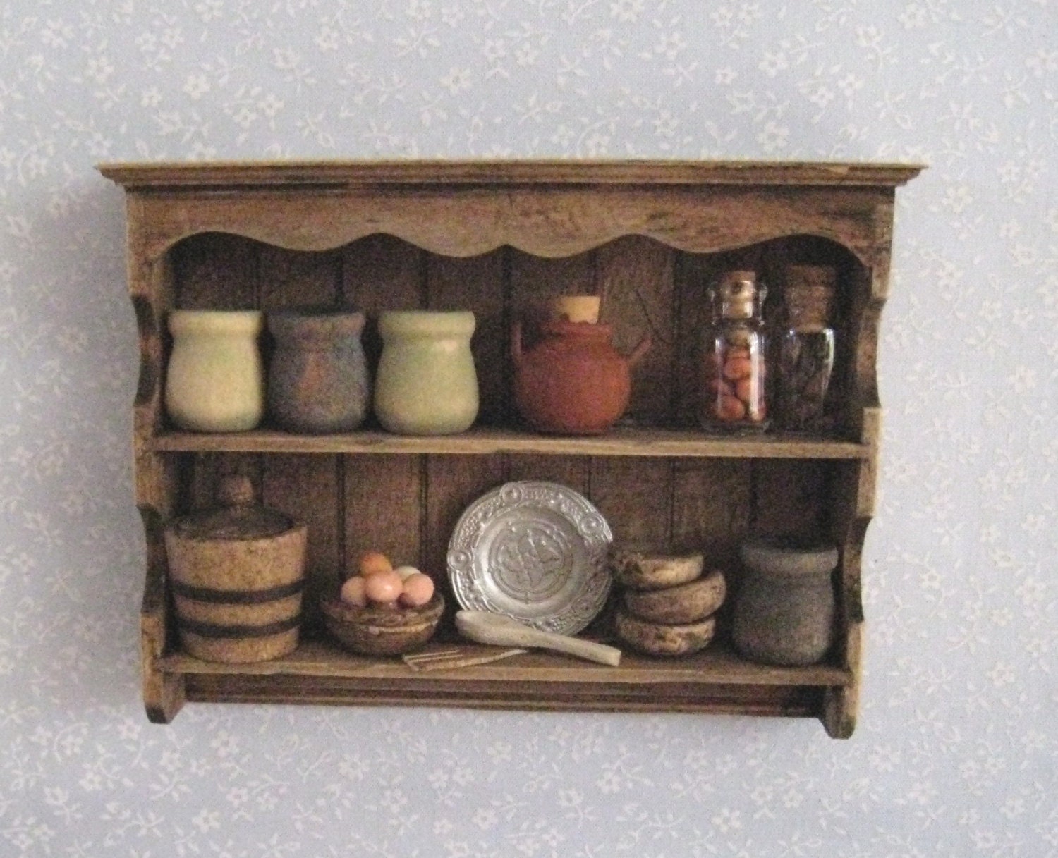 Wall shelf,filled, Tudor or country style, twelfth scale dollhouse miniature