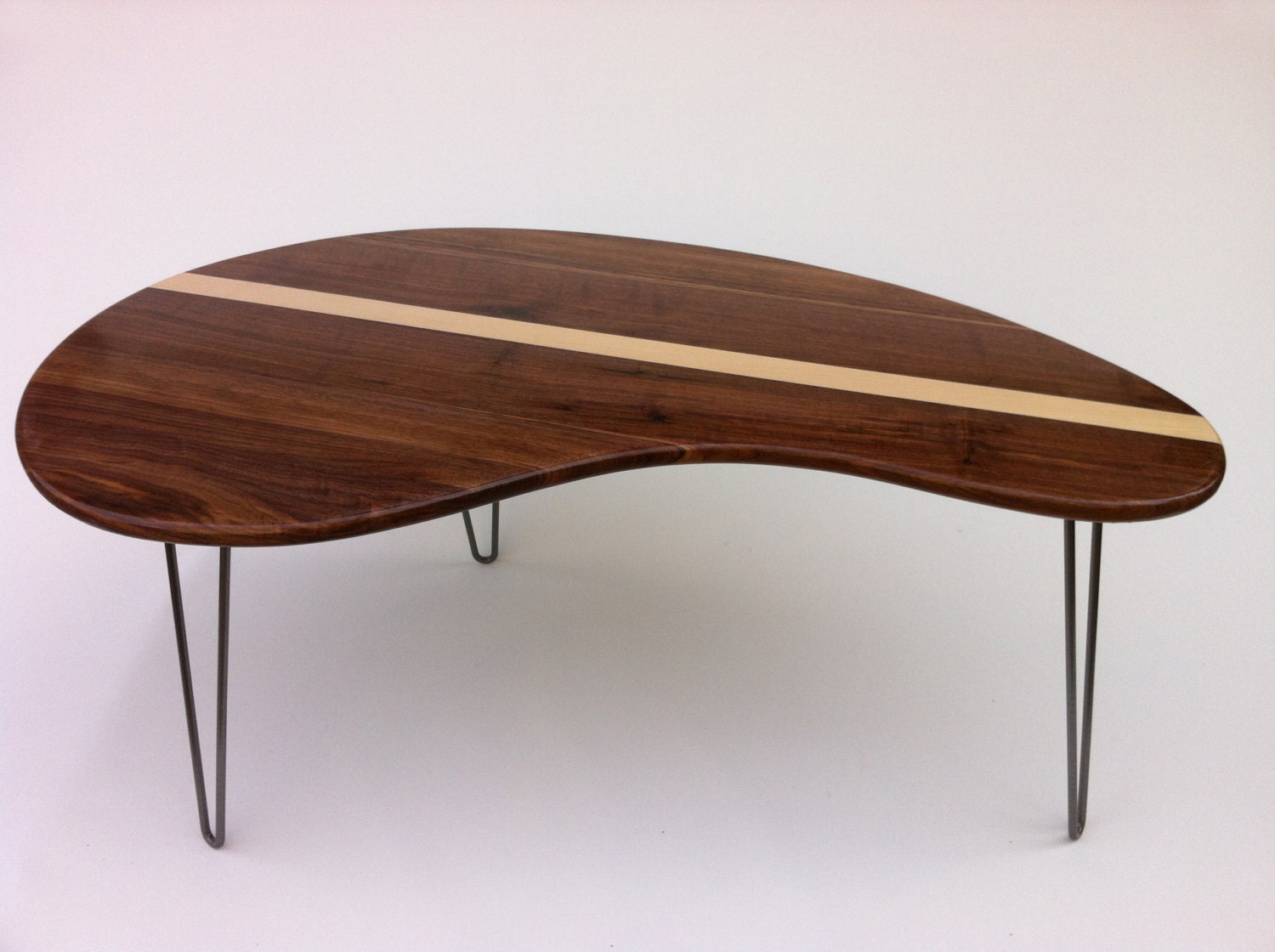 Mid Century Modern Coffee Table - Solid Walnut with Maple Inlay- Kidney Bean Shaped - Eames Era Biomorphic Boomerang Design