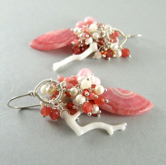 Pink Gemstone Cluster Earrings, Rhodochrosite,  and Coral Cluster Summer Earrings