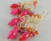 Bright Pink , Orange and Purple Cluster Gold Swirl Earrings