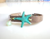 Turquoise Starfish Leather Bracelet. Grey Leather. Friendship Bracelet. Stacking Bracelet. Bohemian Bracelet. Boho Chic. Gift.
