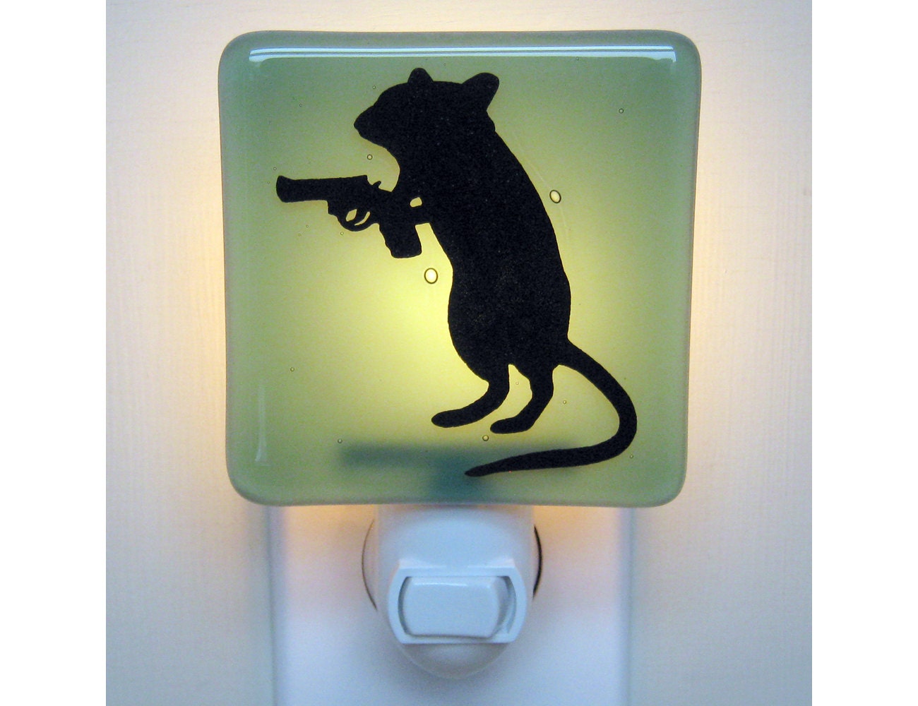 Hand Painted Glass Night Light - Gerbil With a Gun Nightlight - Funny Gift - Sea Green