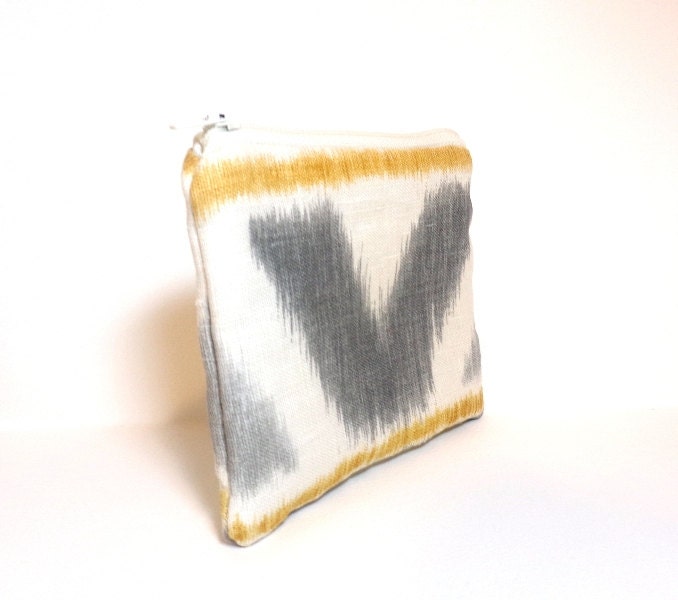 Linen Zipper Pouch Small Cosmetic Bag Zipper Pouch Gold and Grey Ikat Tribal Pattern