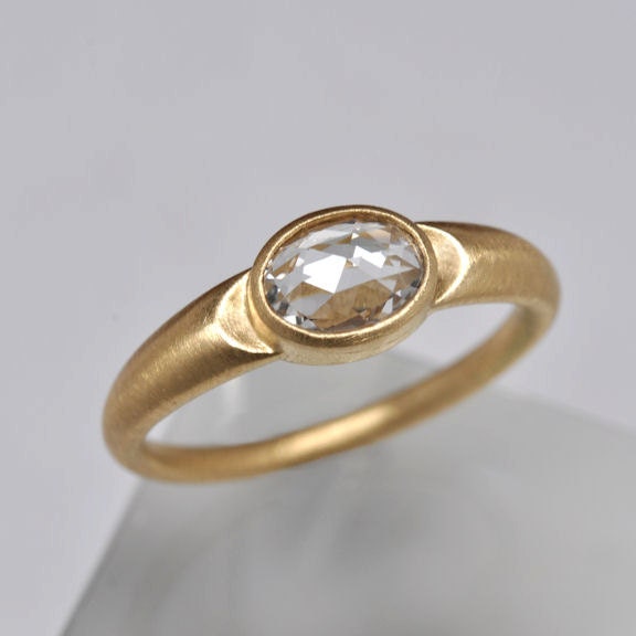 Oval rose cut sapphire crescent ring - sapphire engagement ring - 18k yellow gold