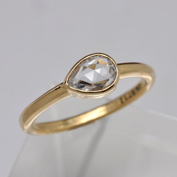 White pear sapphire ring - rose cut sapphire engagement ring -  18k gold