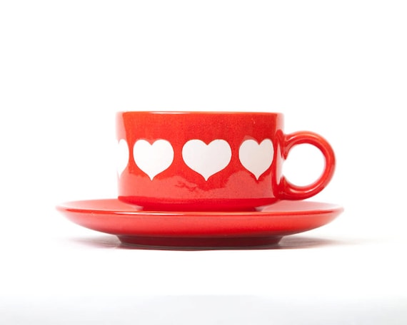 Vintage Waechtersbach Red White Hearts Cup and Saucer, West Germany, valentine, vestiesteam
