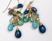 Blue Green Gemstone Dangle Earrings Wire Wrapped 14kt Gold Filled Iolite Apatite Green Quartz Earrings - Maggie 2