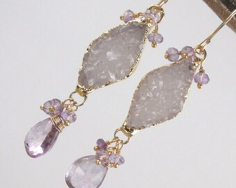 Druzy Earrings Lavender Druzy Earrings Pink Amethyst Raw Crystal Dangle Earrings Wedding Jewelry Spring Fashion - Clothilde