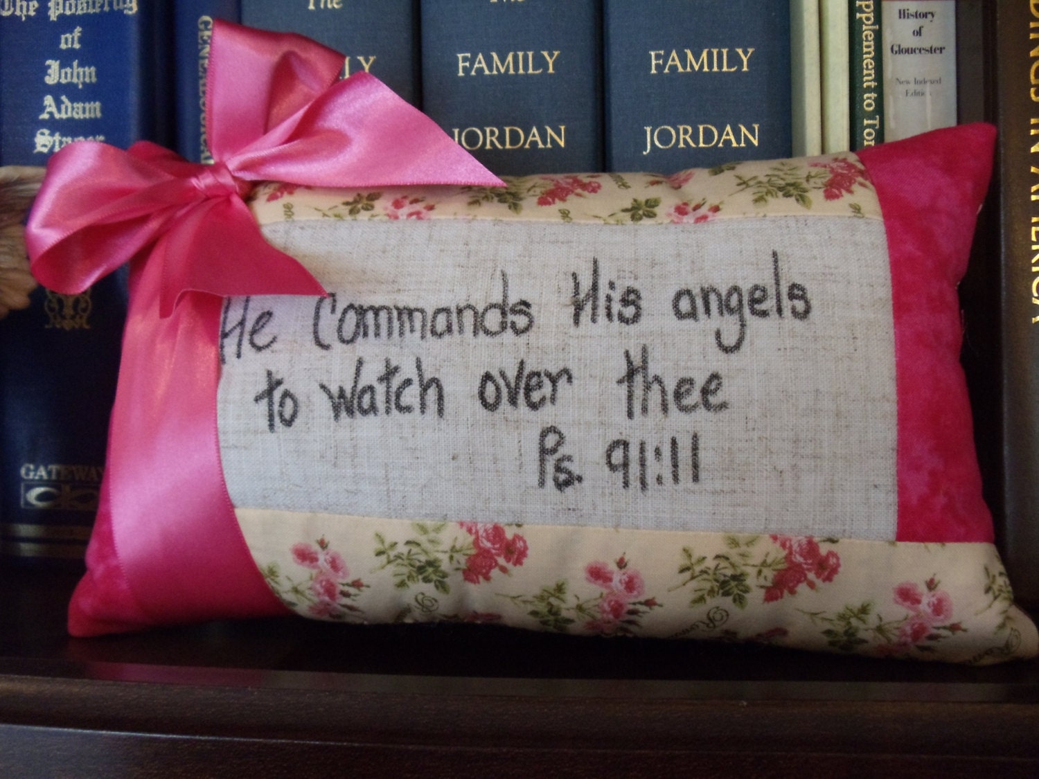 Quilted Pillow - Breast Cancer Fabric - He commands His Angels To Watch Over Thee