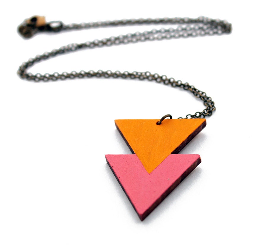 Geometric, double triangle wooden necklace - sunny yellow, salmon rose - minimalist, modern jewelry - color blocking