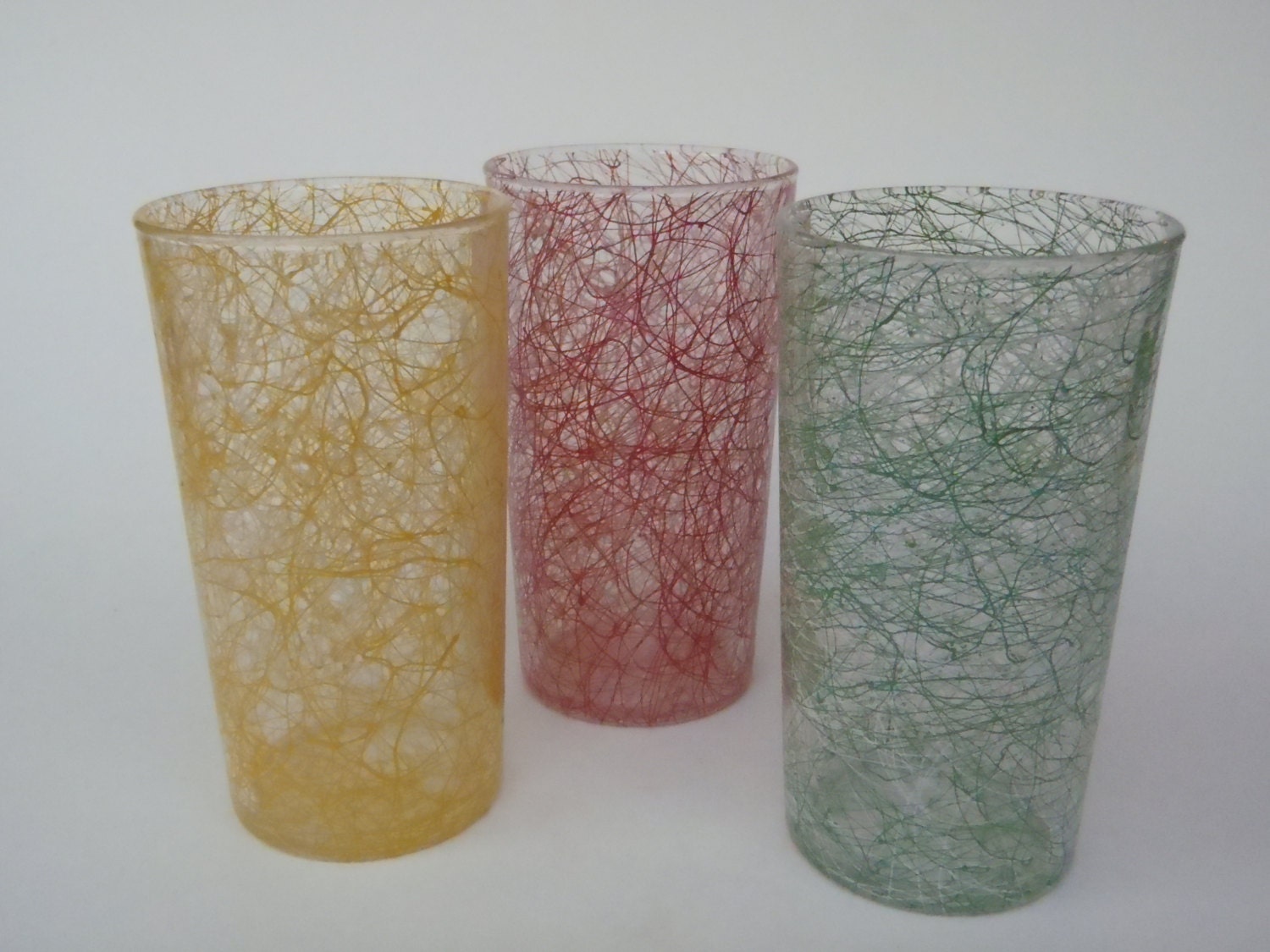 Vintage Spaghetti String Drizzle Glasses Red Green Yellow Set of 3