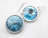 Dangle earrings aquamarine Swarovski earrings drop rivoli crystal earrings light blue rodium plated bezel sterling silver earwires