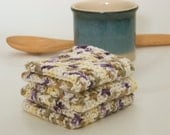 Cotton Wash Cloths - Purple, Ivory, Taupe - Crocheted 3 Piece Set "Vineyard"