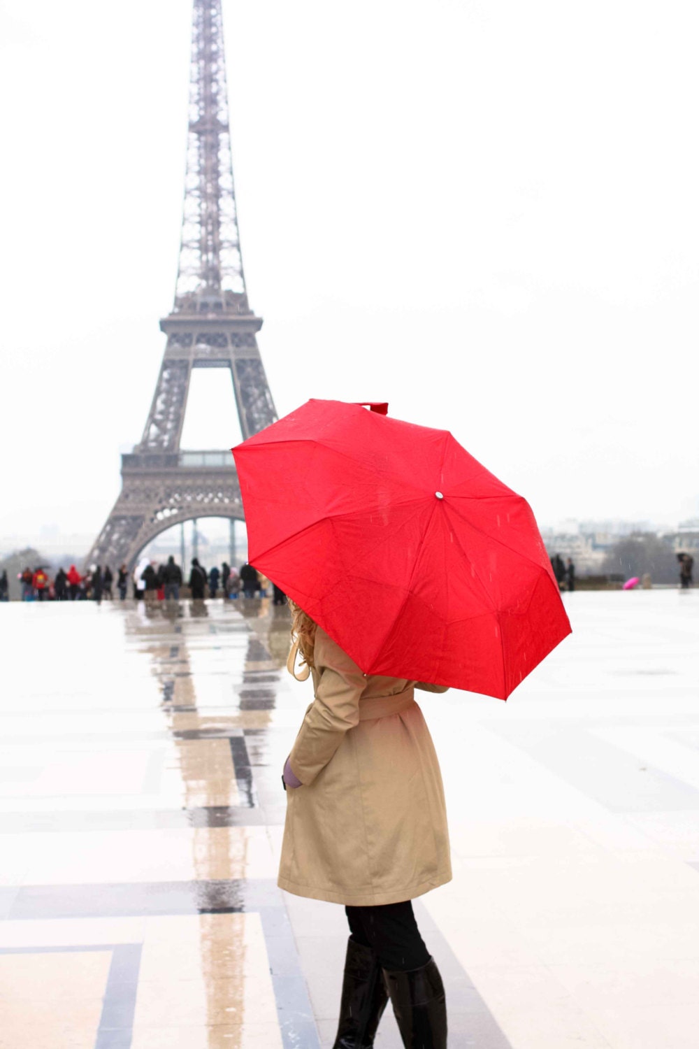 Paris Photography - Eiffel Tower Paris in the rain- 8x10 Fine Art Photograph - Red Umbrella Print - Paris Home Decor - Red Umbrella in Paris