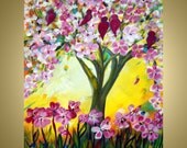 Kids Wall Decor, Kids Wall Art, Baby Room Decor, Nursery Art Original Painting Spring Flowers,Birds,Tree