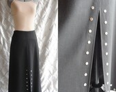 Maxi Skirt // 60s Skirt // Vintage 1960s Black Linen-Look Maxi Skirt with Silver Studs Size L