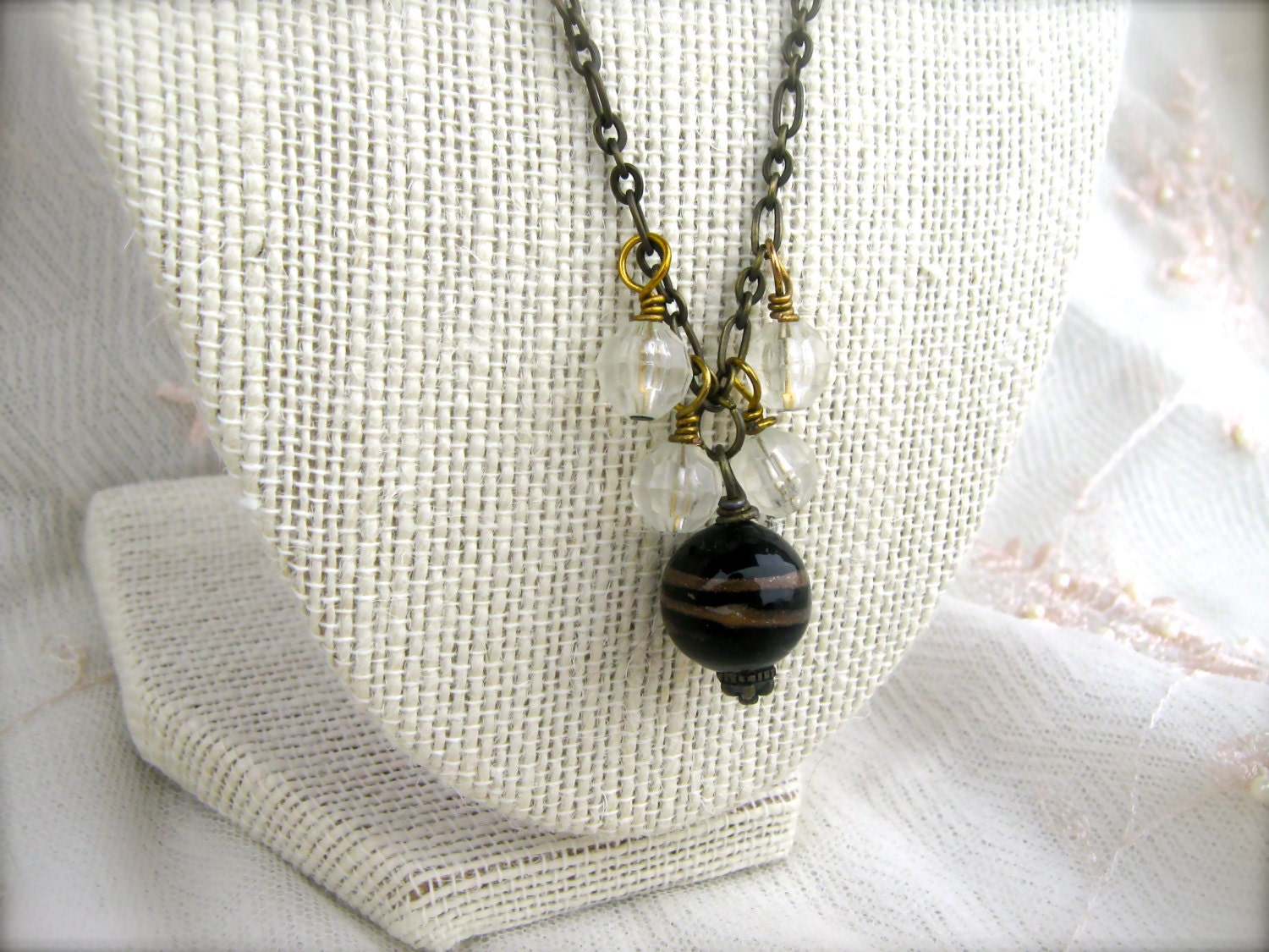 Beaded Chain Necklace. Black Ball Pendant Charm Necklace. Black and White Beads. Antiqued Brass Chain. Round Ornament Pendant.