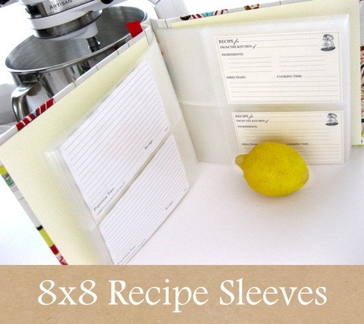 10 sleeves (room for 20 or 40 additional recipe cards) 8x8 recipe book
